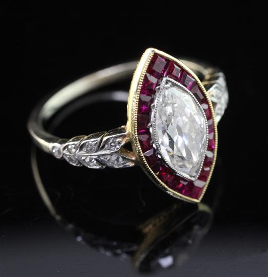 An attractive mid 20th century? gold, ruby and diamond ring, size O.